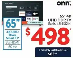 Walmart onn. 65" 4K UHD HDR TV offer