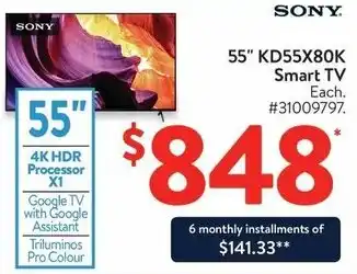 Walmart SONY 55" KD55X80K Smart TV offer