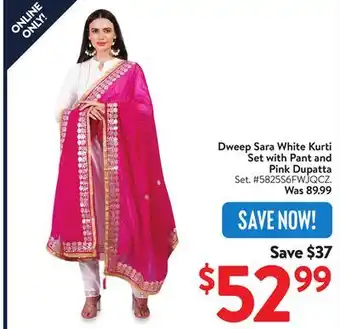 Walmart Dweep Sara White Kurti Set with Pant and Pink Dupatta offer