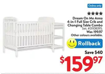 Walmart Dream On Me Anna 4-in-1 Full Size Crib and Changing Table Combo offer