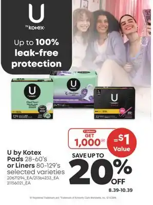 Real Canadian Superstore U BY KOTEX PADS, 28-60'S OR LINERS, 80-129'S offer