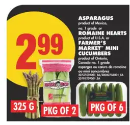 No Frills ASPARAGUS 325 G or ROMAINE HEARTS PKG OF 2 or FARMER'S MARKET MINI CUCUMBERS PKG OF 6 offer