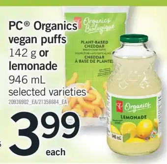 Fortinos PC ORGANICS VEGAN PUFFS 142 G OR LEMONADE, 946 mL offer