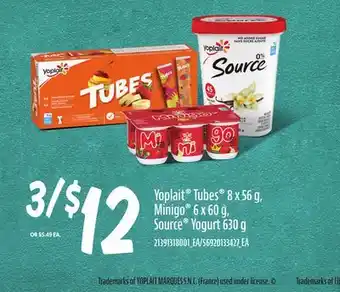 Loblaws YOPLAIT TUBES 8 X 56G, MINIGO 6 X 60G, SOURCE YOGURT 630G offer