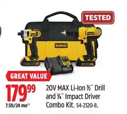 Canadian Tire DEWALT 20V MAX Li-Ion 1⁄2˝ Drill and 1⁄4˝ Impact Driver Combo Kit offer