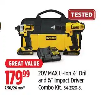 Canadian Tire DEWALT 20V MAX Li-Ion 1⁄2˝ Drill and 1⁄4˝ Impact Driver Combo Kit offer