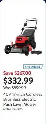 Walmart 40V 17-inch Cordless Brushless Electric Push Lawn Mower offer