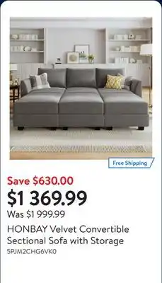 Walmart HONBAY Velvet Convertible Sectional Sofa with Storage offer