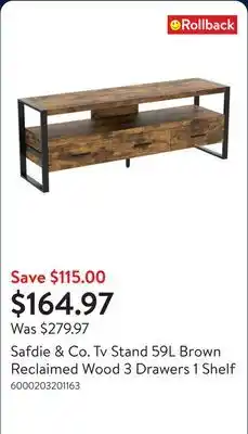 Walmart Safdie & Co. Tv Stand 59L Brown Reclaimed Wood 3 Drawers 1 Shelf offer