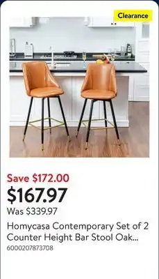 Walmart Homycasa Contemporary Set of 2 Counter Height Bar Stool Oak Finished Legs offer