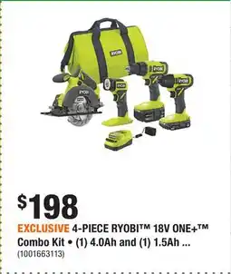 Home Depot EXCLUSIVE 4-PIECE RYOBI 18V ONE+ Combo Kit • (1) 4.0Ah and (1) 1.5Ah Battery and Charger offer