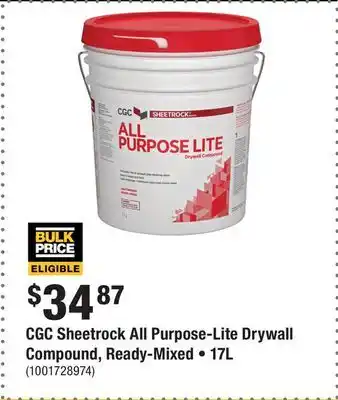 Home Depot CGC Sheetrock All Purpose-Lite Drywall Compound, Ready-Mixed • 17L offer