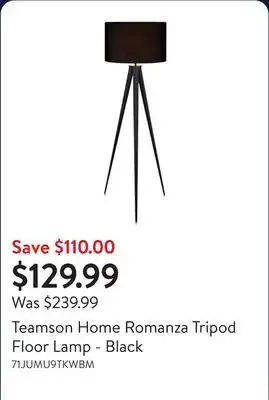 Walmart Teamson Home Romanza Tripod Floor Lamp - Black offer