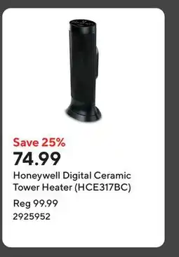 Staples Honeywell Digital Ceramic Tower Heater (HCE317BC) offer