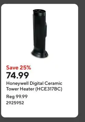 Staples Honeywell Digital Ceramic Tower Heater (HCE317BC) offer