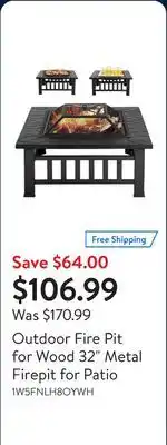 Walmart Outdoor Fire Pit for Wood 32 Metal Firepit for Patio offer