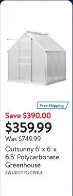 Walmart Outsunny 6' x 6' x 6.5' Polycarbonate Greenhouse offer