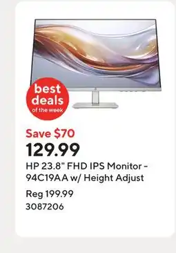 Staples HP 23.8 FHD IPS Monitor - 94C19AA w/ Height Adjust offer