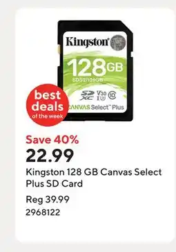 Staples Kingston 128 GB Canvas Select Plus SD Card offer