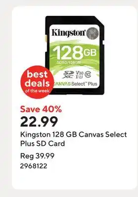 Staples Kingston 128 GB Canvas Select Plus SD Card offer