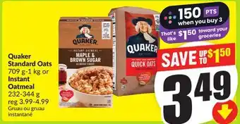 FreshCo Quaker Standard Oats 709 g-1 kg or Instant Oatmeal 232-344 g offer