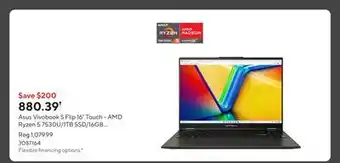 Staples Asus Vivobook S Flip 16 Touch - AMD Ryzen 5 7530U/1TB SSD/16GB RAM/Windows 11 Home offer