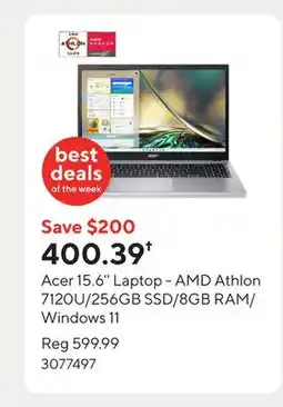 Staples Acer 15.6'' Laptop - AMD Athlon 7120U/256GB SSD/8GB RAM/Windows 11 offer