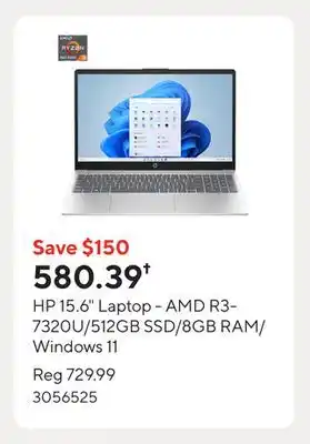 Staples HP 15.6 Laptop - AMD R3-7320U/512GB SSD/8GB RAM/Windows 11 offer