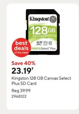 Staples Kingston 128 GB Canvas Select Plus SD Card offer