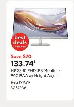 Staples HP 23.8 FHD IPS Monitor - 94C19AA w/ Height Adjust offer