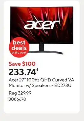 Staples Acer 27 100hz QHD Curved VA Monitor w/ Speakers - ED273U offer