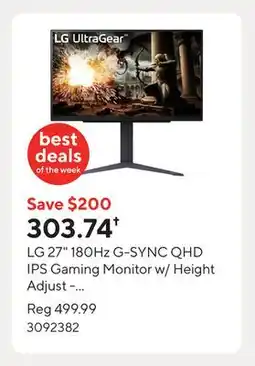 Staples LG 27 180Hz G-SYNC QHD IPS Gaming Monitor w/ Height Adjust - 27GS75QX-B offer