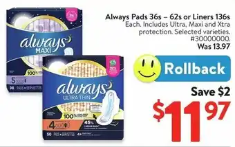 Walmart Always Pads or Liners offer