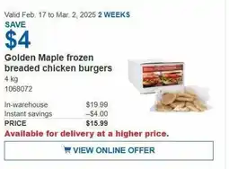 Costco Golden Maple frozen breaded chicken burgers offer