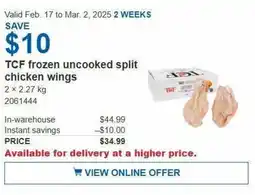 Costco TCF frozen uncooked split chicken wings offer