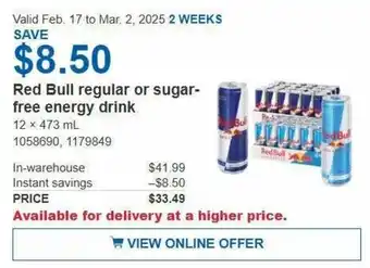 Costco Red Bull regular or sugar- free energy drink offer