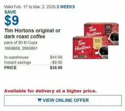 Costco Tim Hortons original or dark roast coffee offer