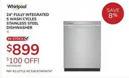 Goemans Appliances Whirlpool 24 FULLY INTEGRATED 5 WASH CYCLES STAINLESS STEEL DISHWASHER offer