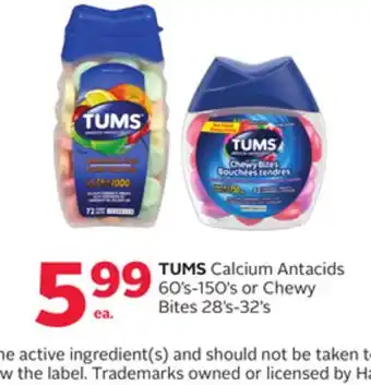 Rexall TUMS Calcium Antacids 60' s-150' s or Chewy Bites 28' s-32's offer