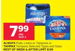 Rexall ALWAYS Pads, Liners or Tampons or TAMPAX Tampons offer