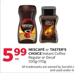 Rexall NESCAFÉ or TASTER'S CHOICE Instant Coffee Regular or Decaf 100g-170g offer