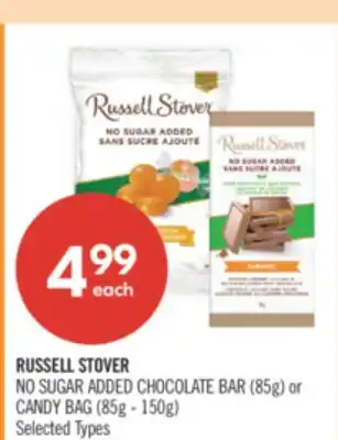 Shoppers Drug Mart RUSSELL STOVER NO SUGAR ADDED CHOCOLATE BAR (85g) or CANDY BAG (85g - 150g) offer