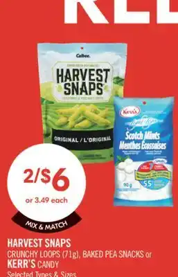 Shoppers Drug Mart HARVEST SNAPS CRUNCHY LOOPS (71g), BAKED PEA SNACKS or KERR'S CANDY offer