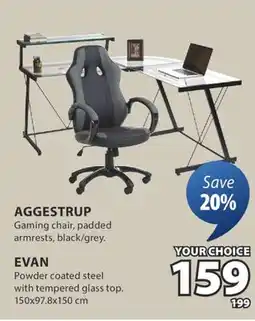 JYSK AGGESTRUP Gaming chair, EVAN Powder coated steel with tempered glass top offer