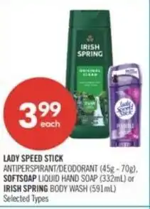 Shoppers Drug Mart Lady speed stick, softsoap or irish spring offer