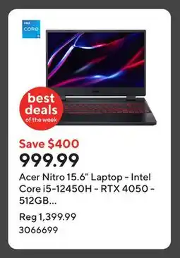 Staples Acer Nitro 15.6 Laptop - Intel Core i5-12450H - RTX 4050 - 512GB SSD - 16GB RAM - Windows 11 - Black offer