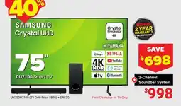 Visions Electronics Samsung DU7100 75 Smart TV + 2-Channel Soundbar System offer