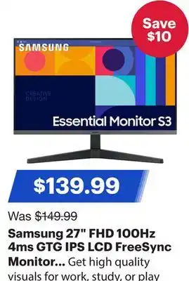 Best Buy Samsung 27 FHD 100Hz 4ms GTG IPS LCD FreeSync Monitor (LS27C330GANXZA) - Black offer