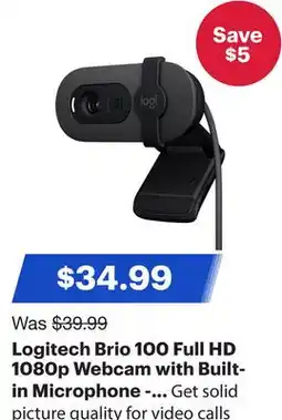 Best Buy Logitech Brio 100 Full HD 1080p Webcam with Built-in Microphone - Graphite offer