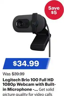 Best Buy Logitech Brio 100 Full HD 1080p Webcam with Built-in Microphone - Graphite offer